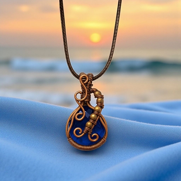 🆕️ Boho Chic Deep Blue Quartz Copper Wire Wrapped Pendant Statement Necklace - Picture 8 of 16